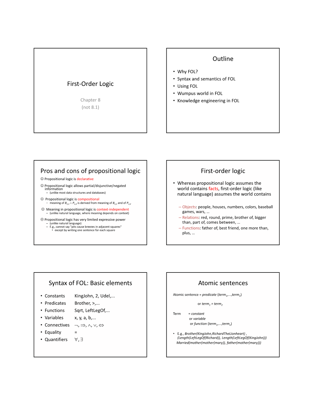 First-Order Logic Outline Pros and Cons of Propositional Logic First