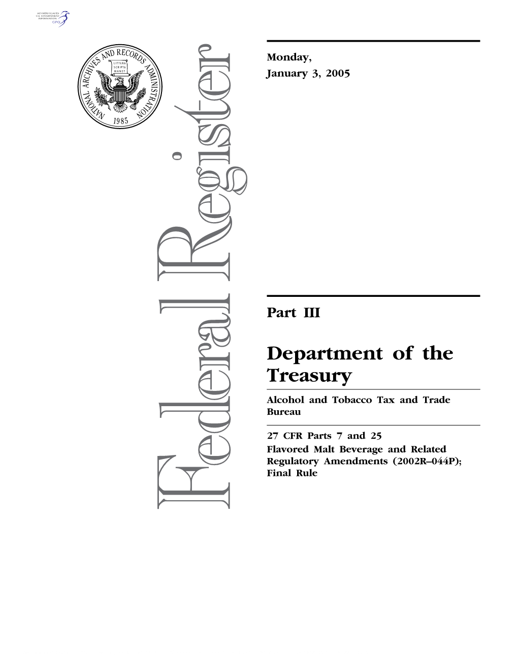 Department of the Treasury Alcohol and Tobacco Tax and Trade Bureau