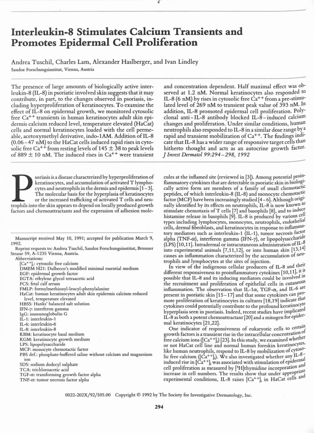 Interleukin-8 Stimulates Calcium Transients and Promotes Epidermal Cell Proliferation