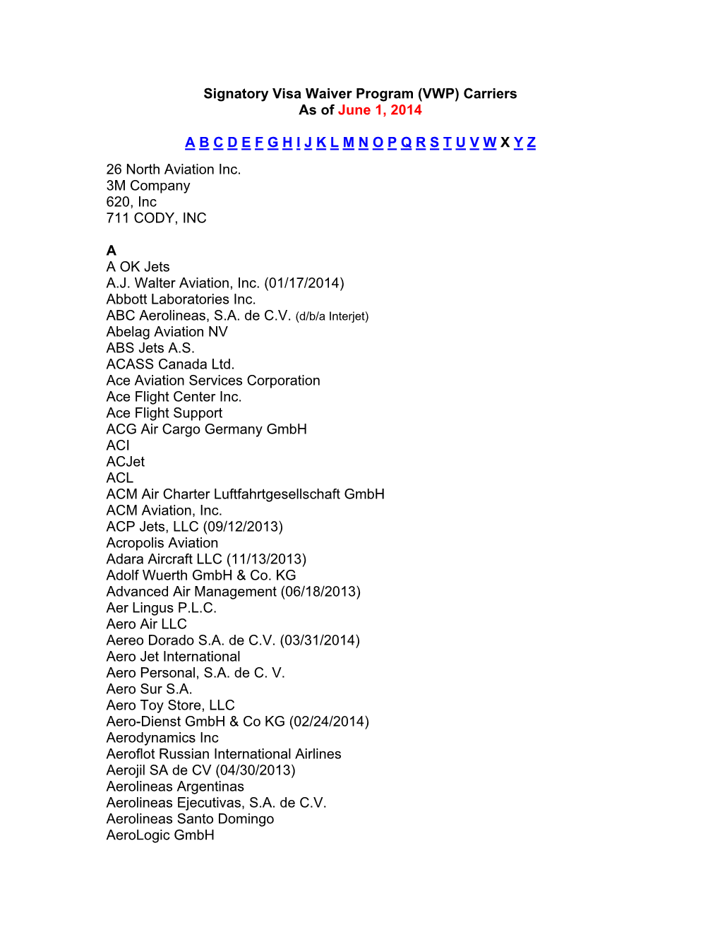 Signatory Visa Waiver Program (VWP) Carriers As of June 1, 2014 a B C D E F G H I J K L M N O P Q R S T U V W X Y Z 26 North Av