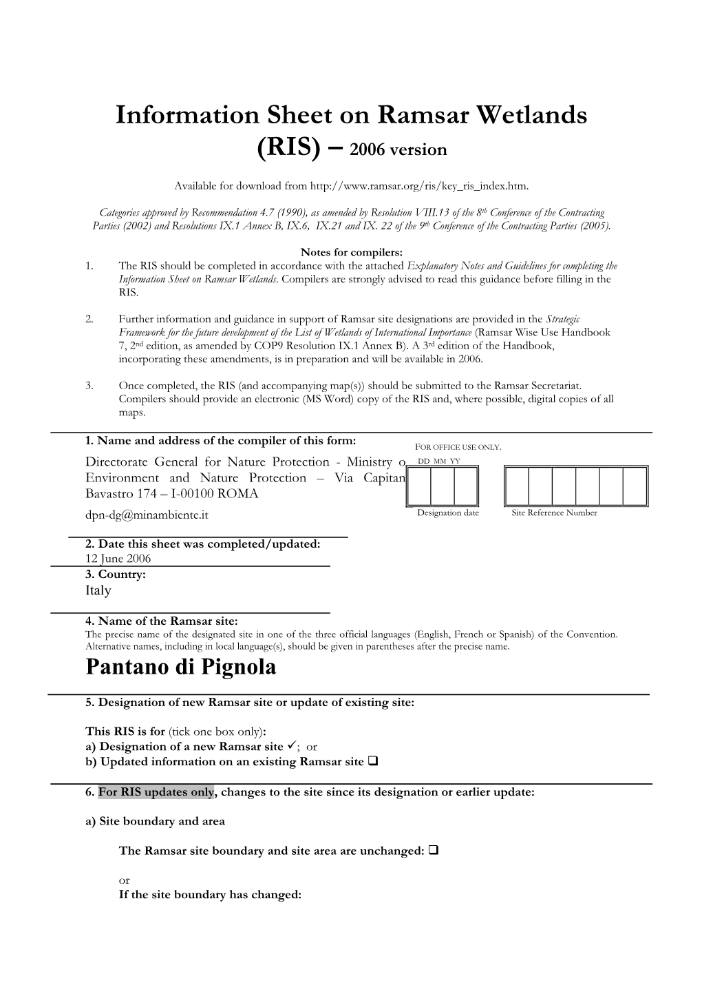 Information Sheet on Ramsar Wetlands (RIS) – 2006 Version