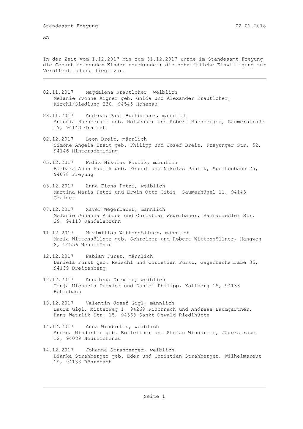 02.01.2018 Standesamt Freyung an in Der Zeit Vom 1.12.2017 Bis Zum