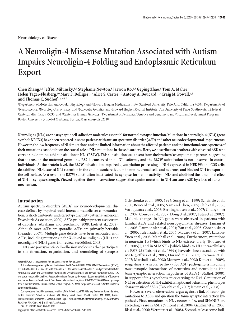 A Neuroligin-4 Missense Mutation Associated with Autism Impairs Neuroligin-4 Folding and Endoplasmic Reticulum Export