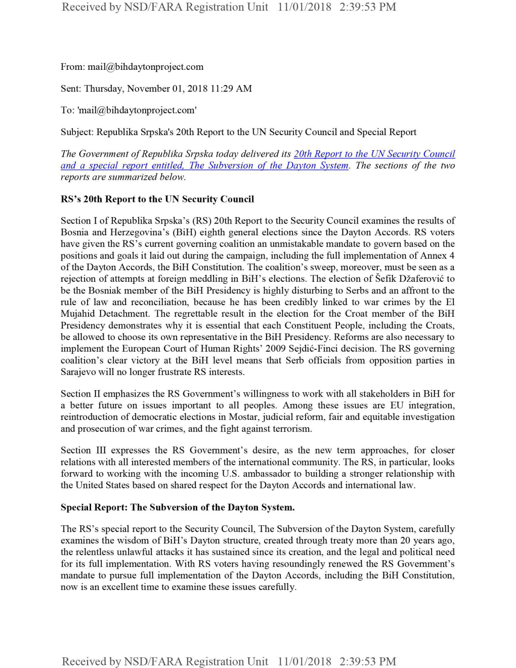 Government of Republika Srpska Today Delivered Its 20Th Report to the UN Security Council and a Special Report Entitled, the Subversion of the Dayton System