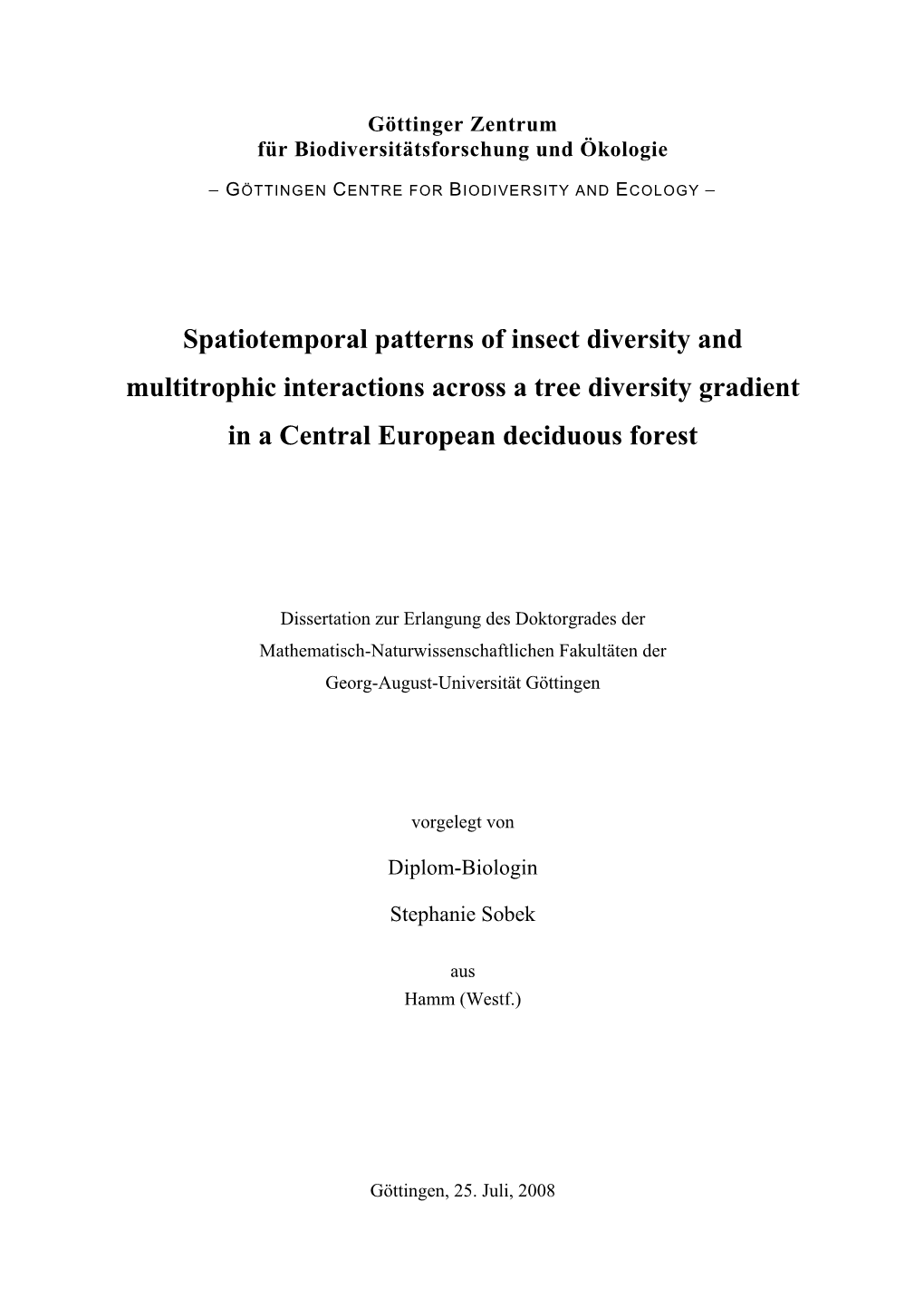 Spatiotemporal Patterns of Insect Diversity and Multitrophic Interactions Across a Tree Diversity Gradient in a Central European Deciduous Forest