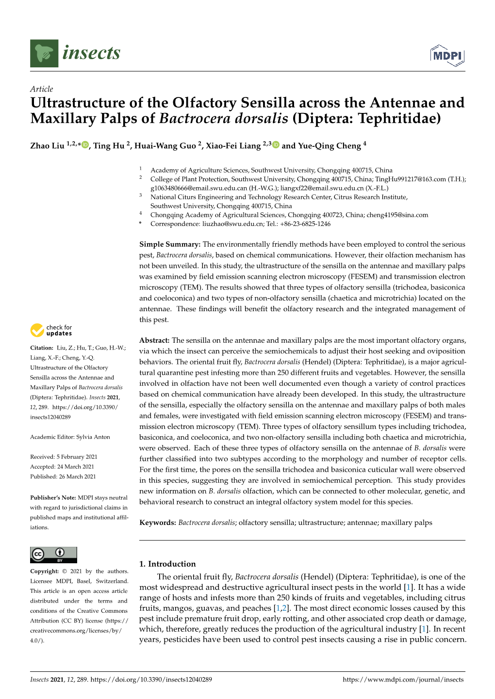 Ultrastructure of the Olfactory Sensilla Across the Antennae and Maxillary Palps of Bactrocera Dorsalis (Diptera: Tephritidae)