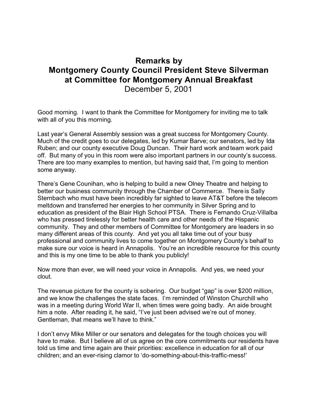Remarks by Montgomery County Council President Steve Silverman at Committee for Montgomery Annual Breakfast December 5, 2001
