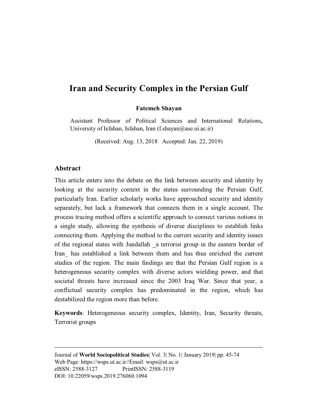 Iran and Security Complex in the Persian Gulf