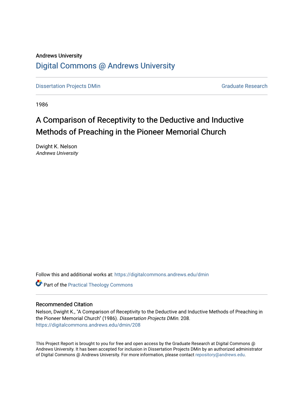 A Comparison of Receptivity to the Deductive and Inductive Methods of Preaching in the Pioneer Memorial Church