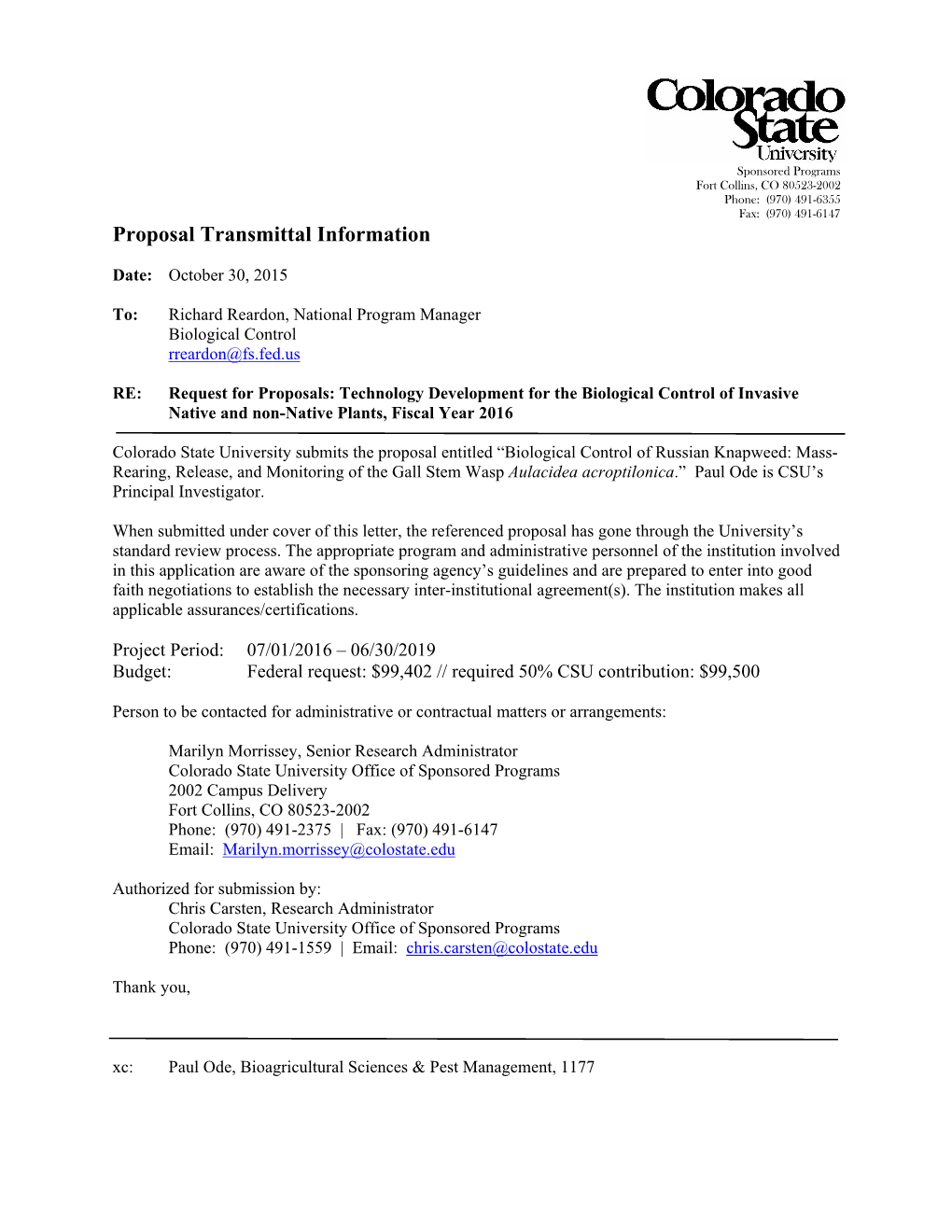 Proposal Transmittal Information