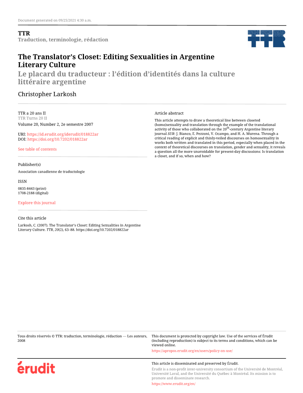 Editing Sexualities in Argentine Literary Culture Le Placard Du Traducteur : L’Édition D’Identités Dans La Culture Littéraire Argentine Christopher Larkosh