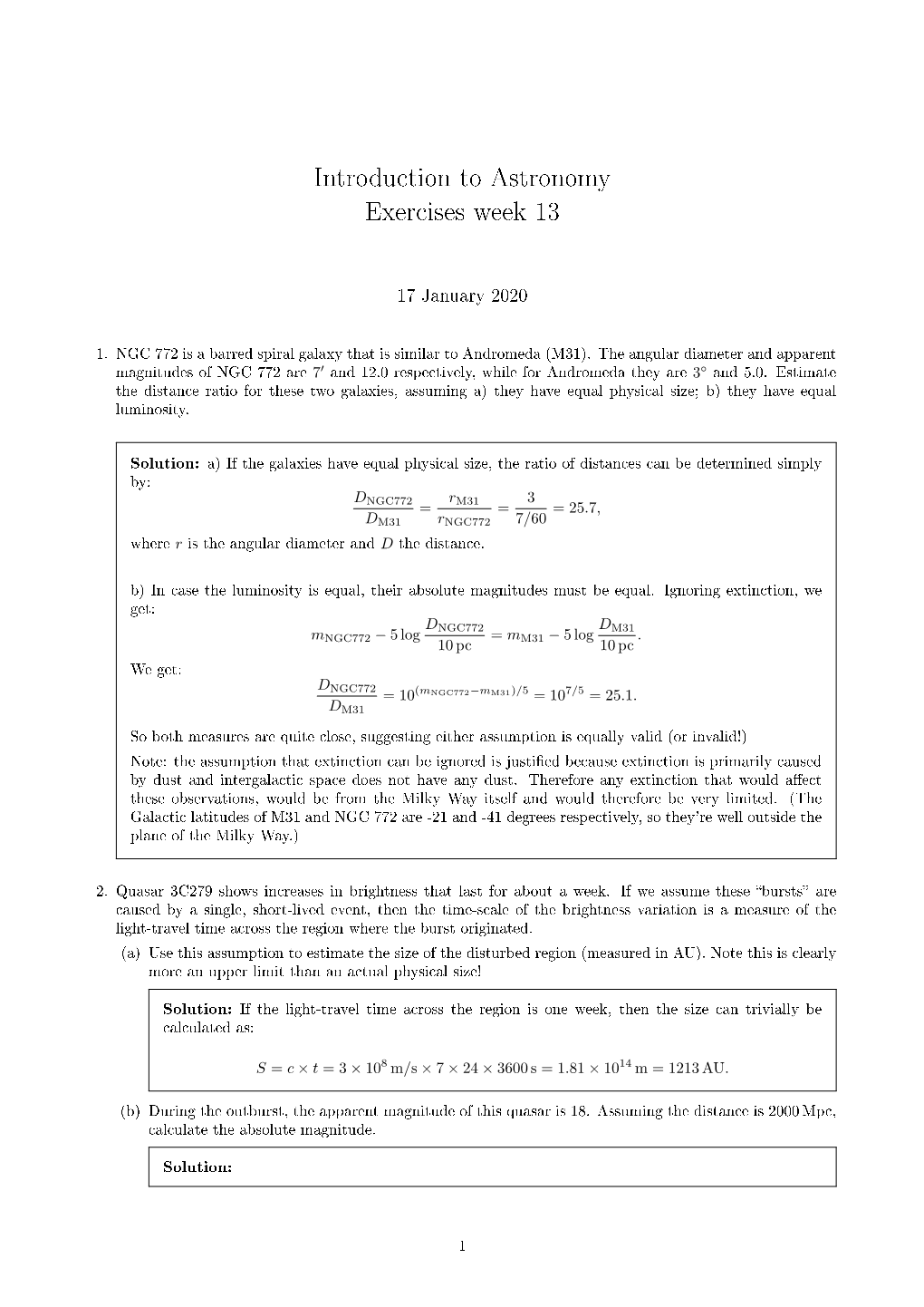 Introduction to Astronomy Exercises Week 13