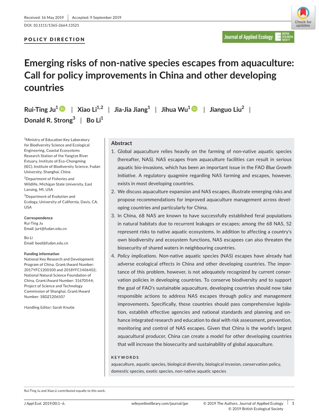 Emerging Risks of Non‐Native Species Escapes from Aquaculture: Call for Policy Improvements in China and Other Developing Countries