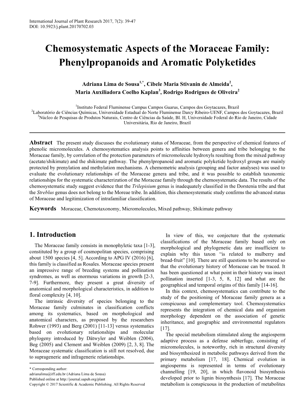 Chemosystematic Aspects of the Moraceae Family: Phenylpropanoids and Aromatic Polyketides