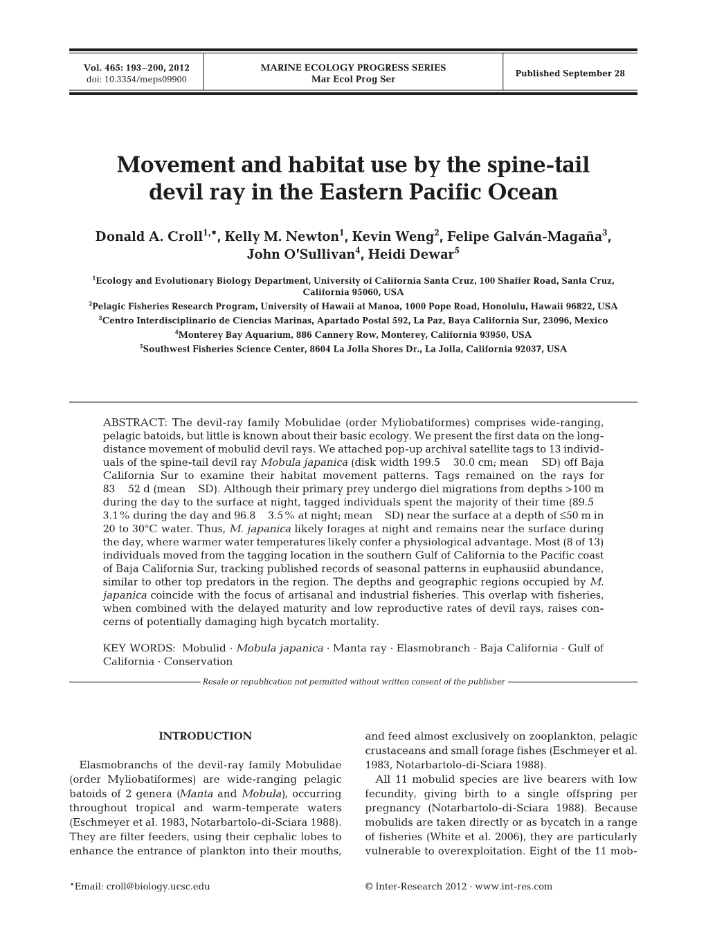 Movement and Habitat Use by the Spine-Tail Devil Ray in the Eastern Pacific Ocean