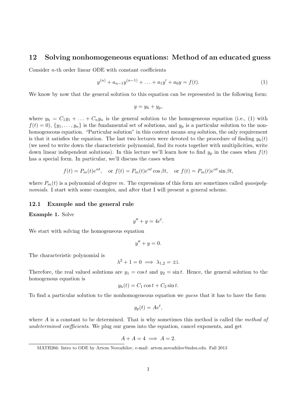 12. Solving Nonhomogeneous ODE. Method of Educated Guess