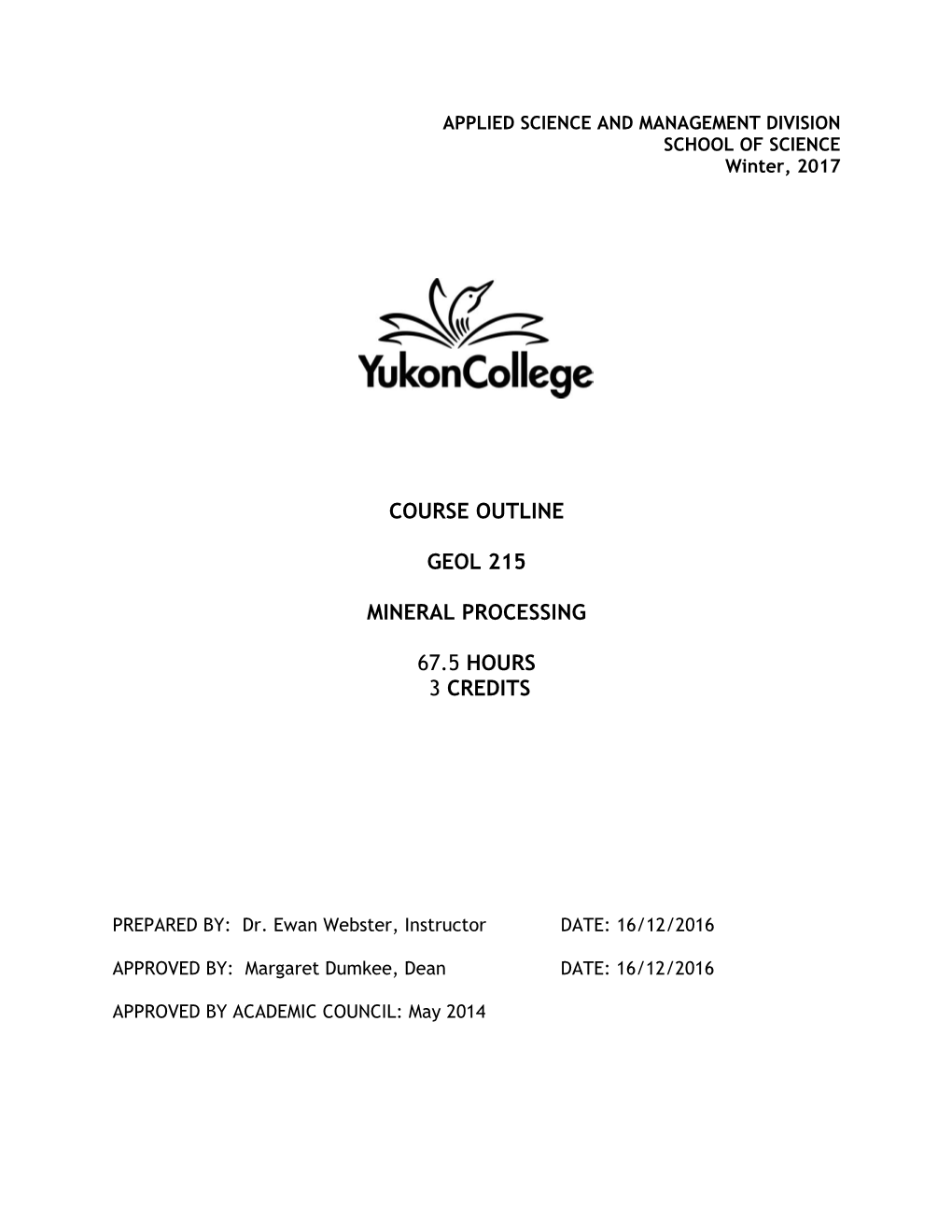 Course Outline Geol 215 Mineral Processing 67.5