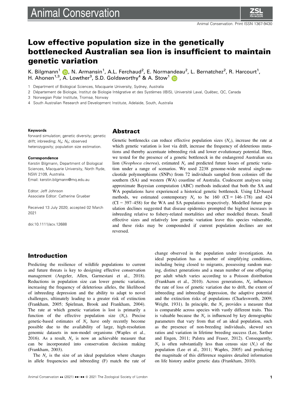 Low Effective Population Size in the Genetically Bottlenecked Australian Sea Lion Is Insufﬁcient to Maintain Genetic Variation K