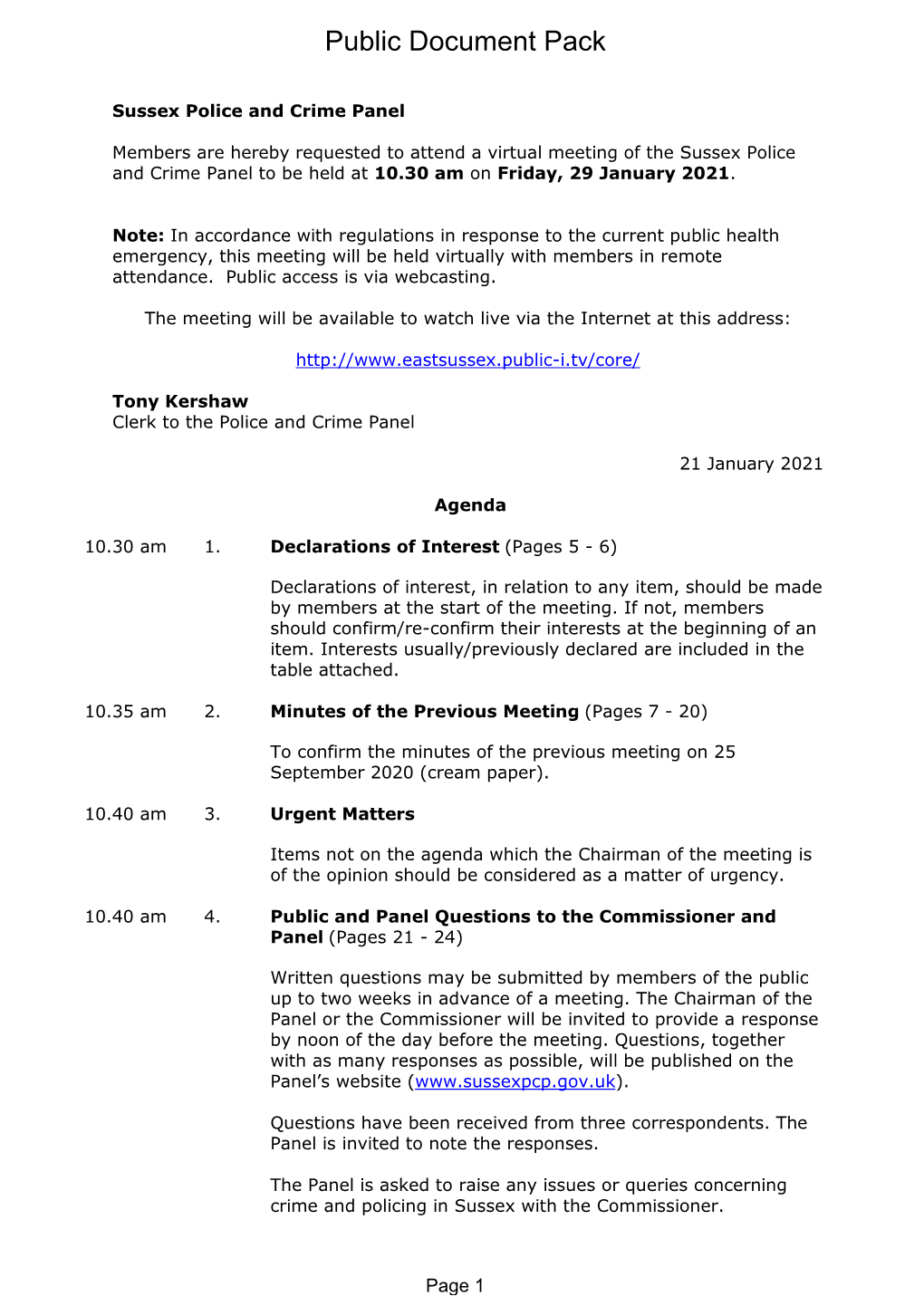 Agenda Document for Sussex Police and Crime Panel, 29/01/2021 10:30