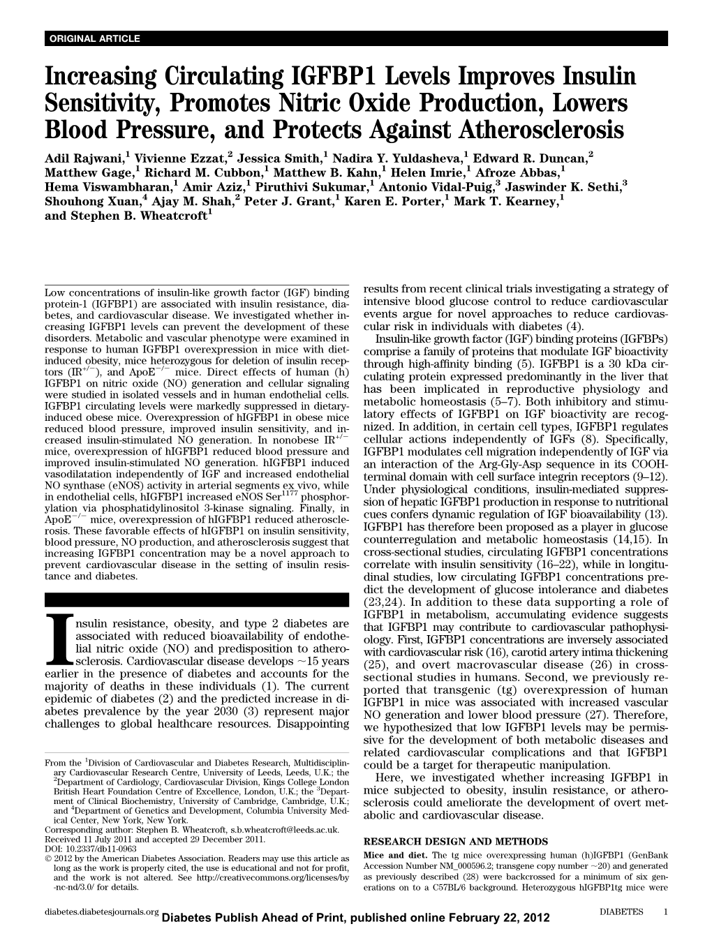 Increasing Circulating IGFBP1 Levels Improves Insulin Sensitivity