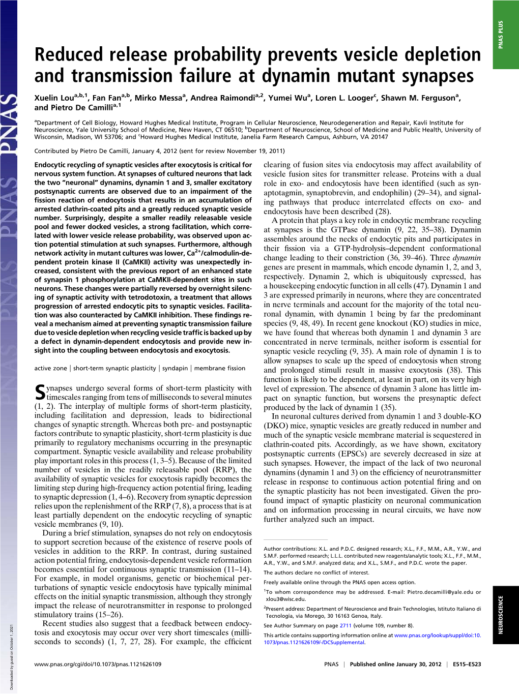 Reduced Release Probability Prevents Vesicle Depletion and Transmission