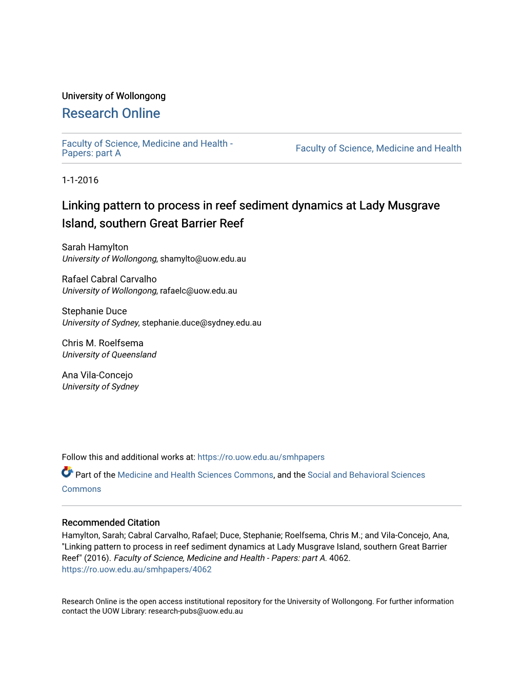 Linking Pattern to Process in Reef Sediment Dynamics at Lady Musgrave Island, Southern Great Barrier Reef