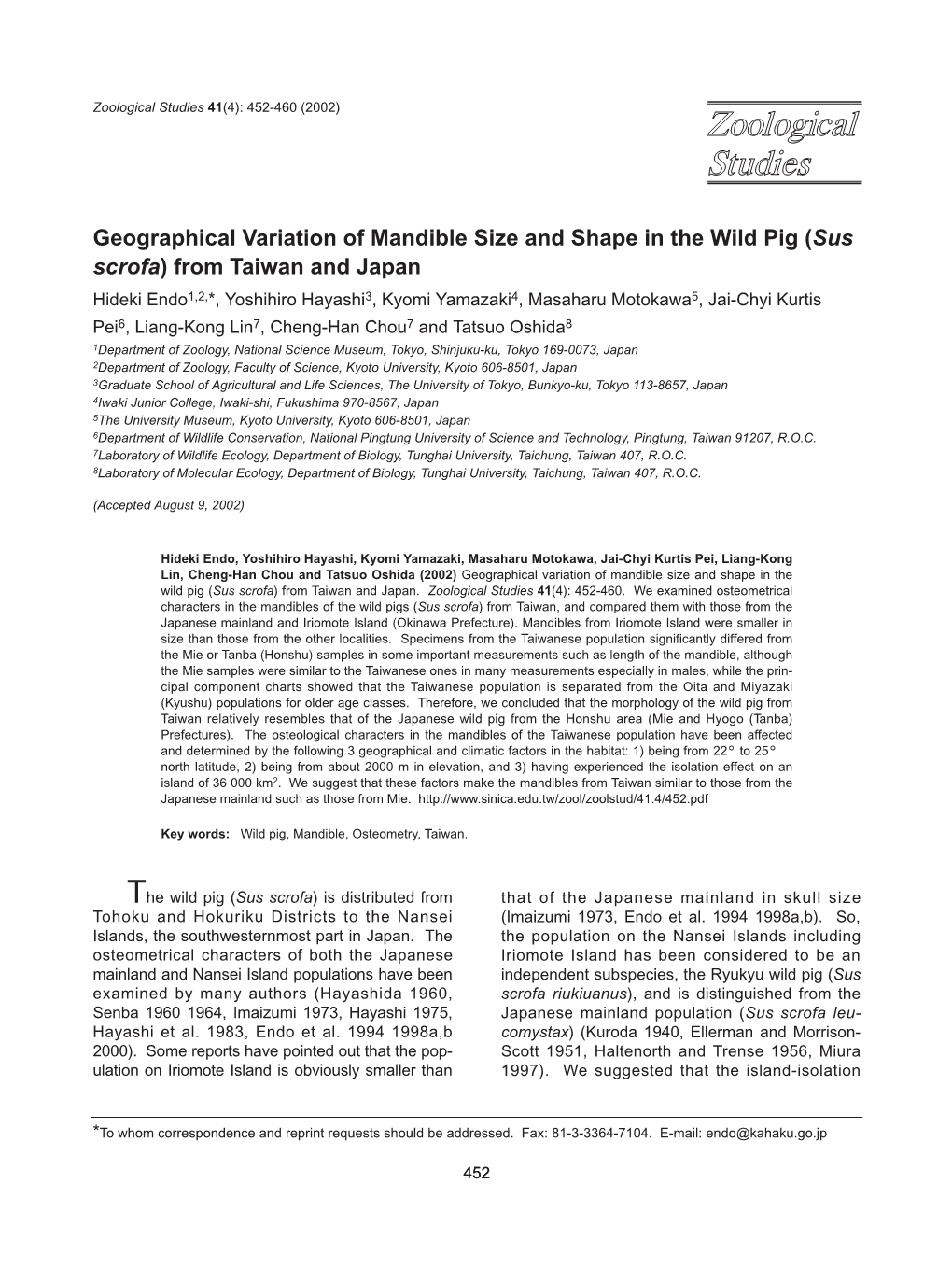 Geographical Variation of Mandible Size and Shape in the Wild Pig (Sus Scrofa) from Taiwan and Japan