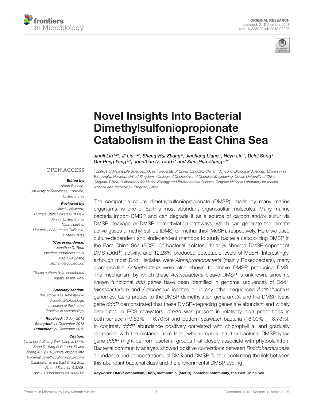 Novel Insights Into Bacterial Dimethylsulfoniopropionate Catabolism in the East China Sea