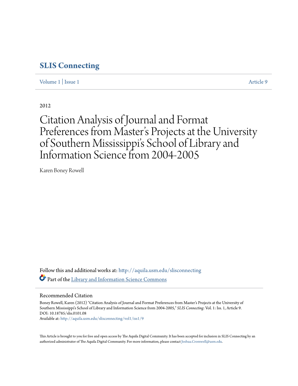 Citation Analysis of Journal and Format Preferences from Master's
