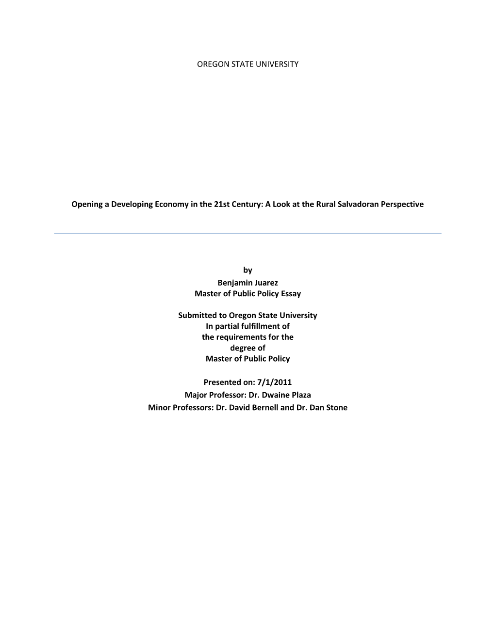 Opening a Developing Economy in the 21St Century: a Look at the Rural Salvadoran Perspective