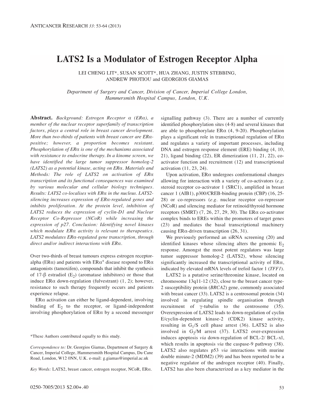 LATS2 Is a Modulator of Estrogen Receptor Alpha