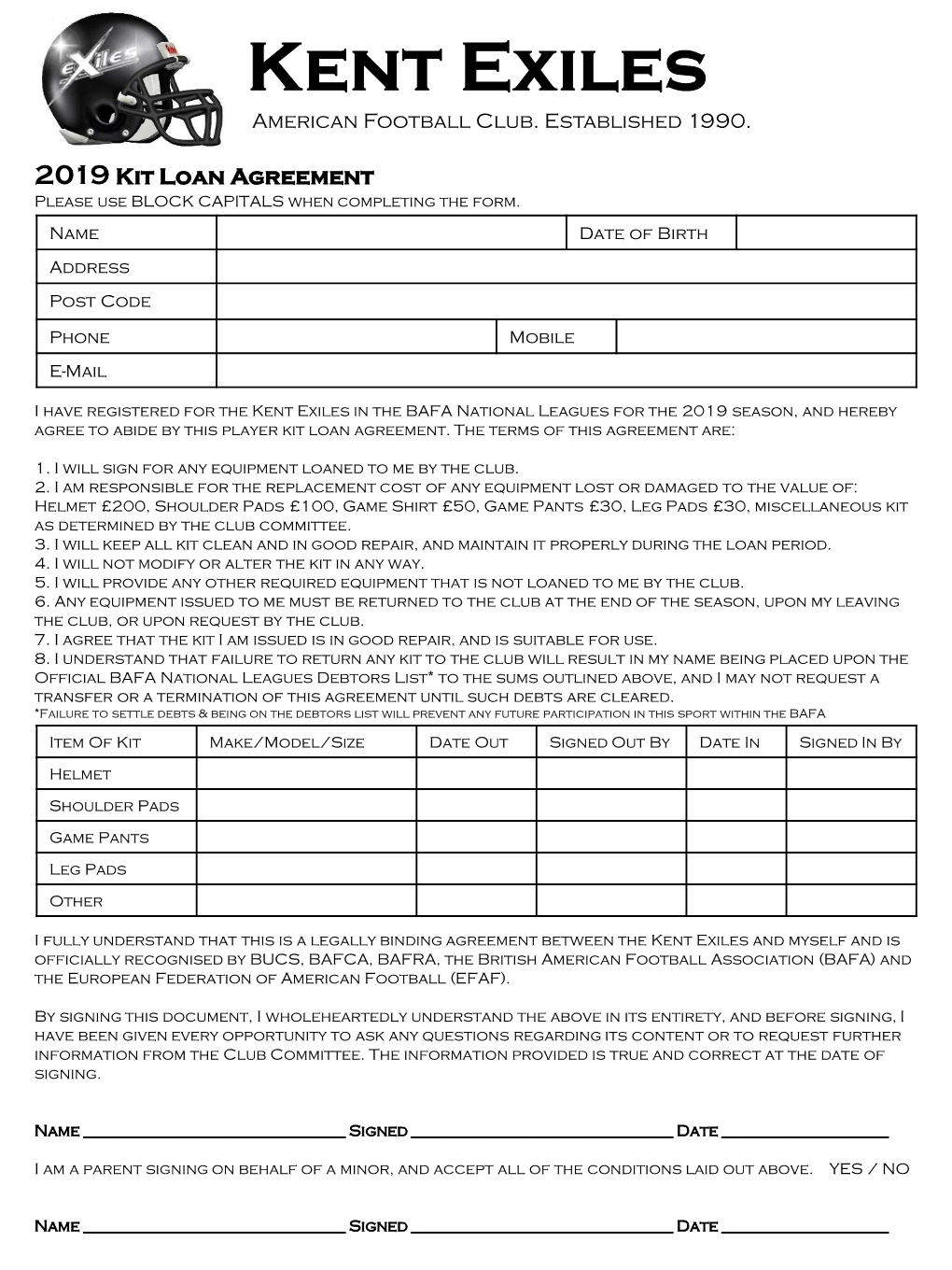 Kit Loan Agreement Please Use BLOCK CAPITALS When Completing the Form