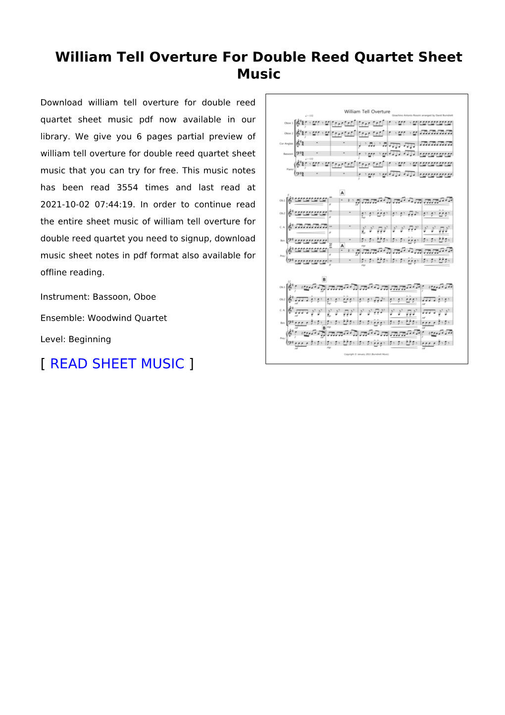 William Tell Overture for Double Reed Quartet Sheet Music