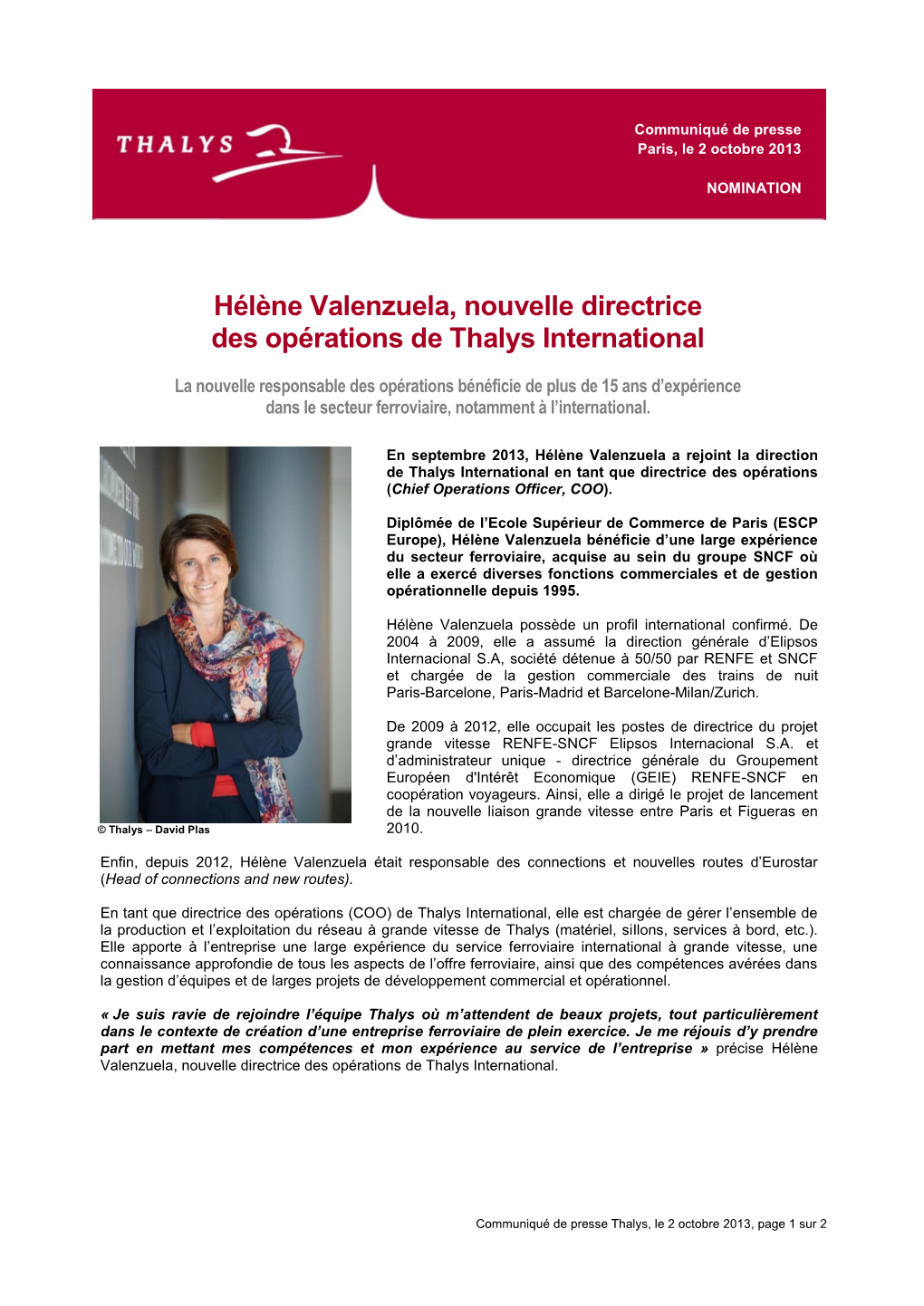 Hélène Valenzuela, Nouvelle Directrice Des Opérations De Thalys International
