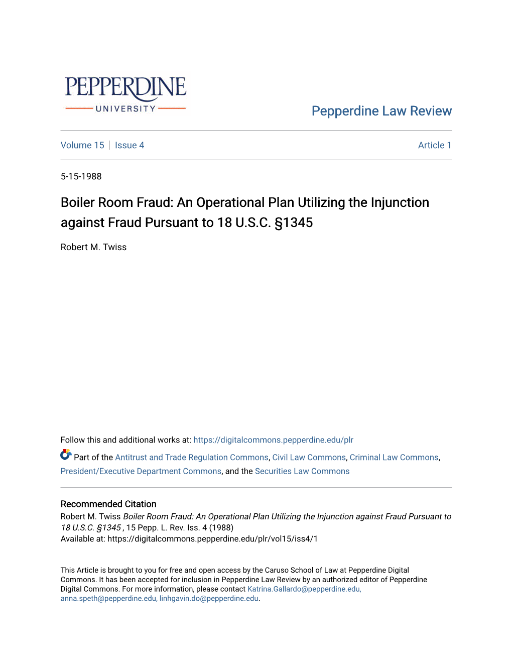 Boiler Room Fraud: an Operational Plan Utilizing the Injunction Against Fraud Pursuant to 18 U.S.C