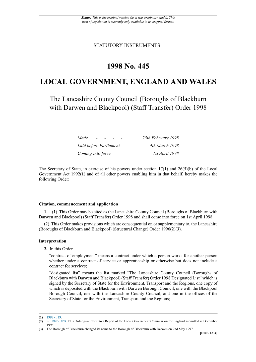 The Lancashire County Council (Boroughs of Blackburn with Darwen and Blackpool) (Staff Transfer) Order 1998