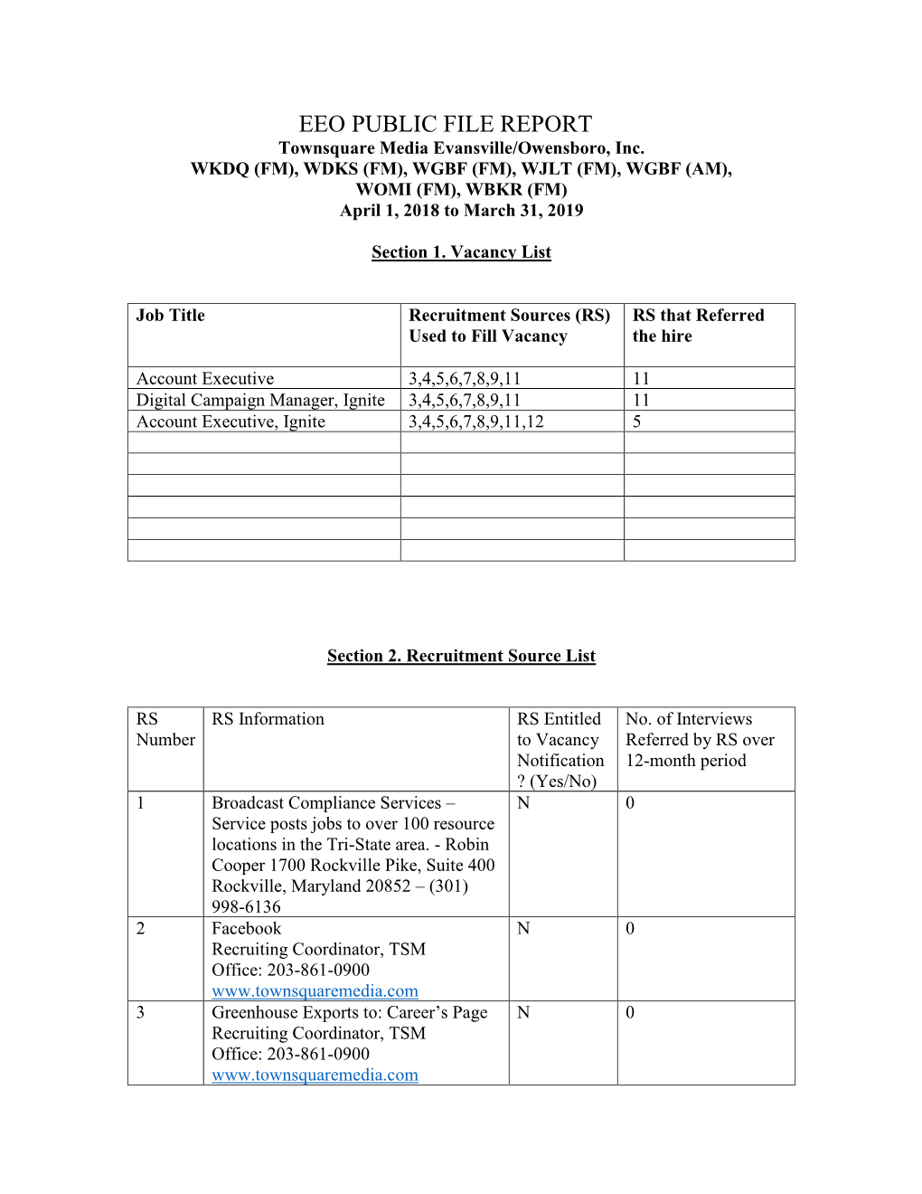 EEO PUBLIC FILE REPORT Townsquare Media Evansville/Owensboro, Inc