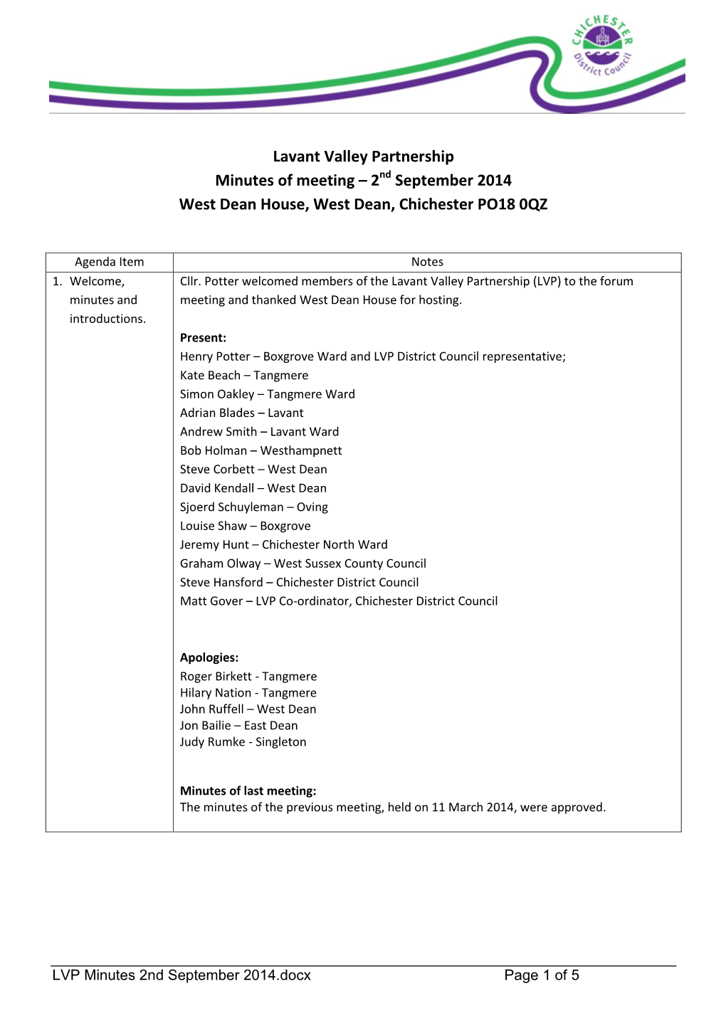Lavant Valley Partnership Minutes of Meeting – 2Nd September 2014 West Dean House, West Dean, Chichester PO18 0QZ