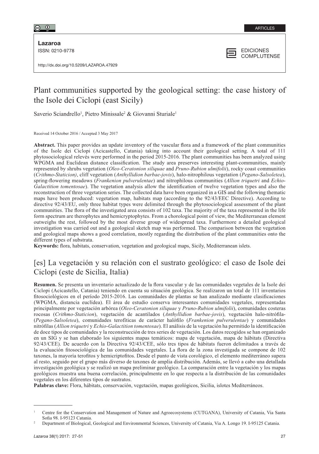 Plant Communities Supported by the Geological Setting: the Case History of the Isole Dei Ciclopi (East Sicily)