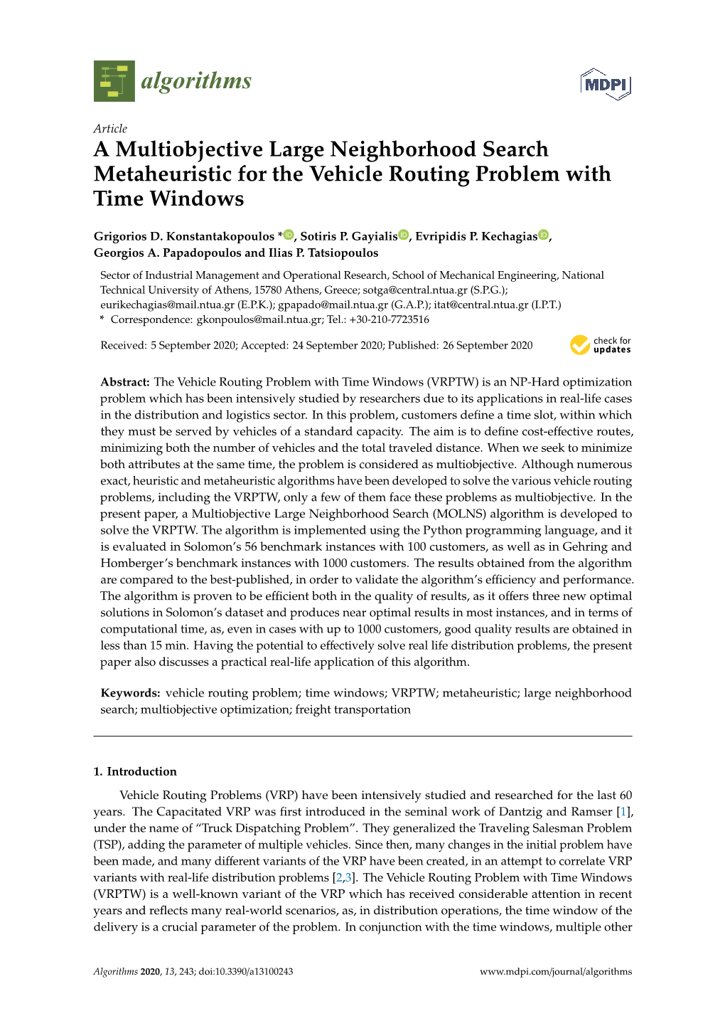 A Multiobjective Large Neighborhood Search Metaheuristic for the Vehicle Routing Problem with Time Windows