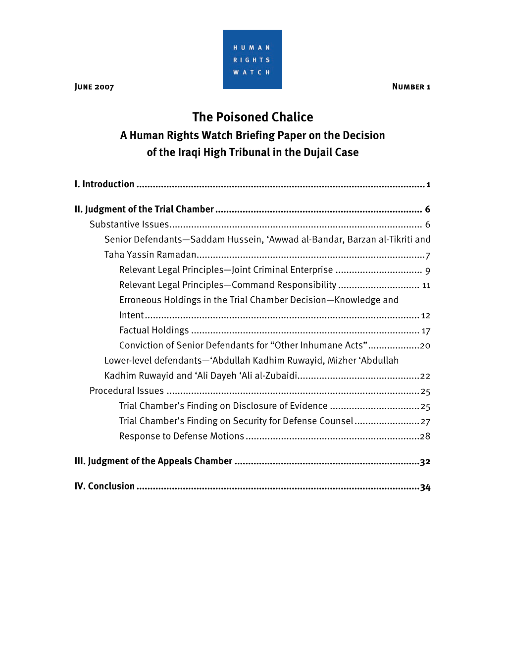 The Poisoned Chalice a Human Rights Watch Briefing Paper on the Decision of the Iraqi High Tribunal in the Dujail Case