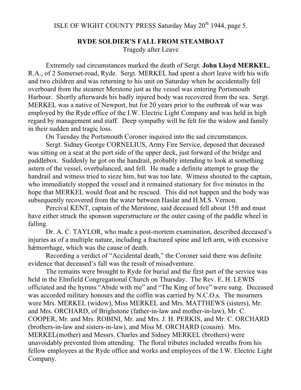 ISLE of WIGHT COUNTY PRESS Saturday May 20Th 1944, Page 5. RYDE SOLDIER's FALL from STEAMBOAT Tragedy After Leave Extremely Sa