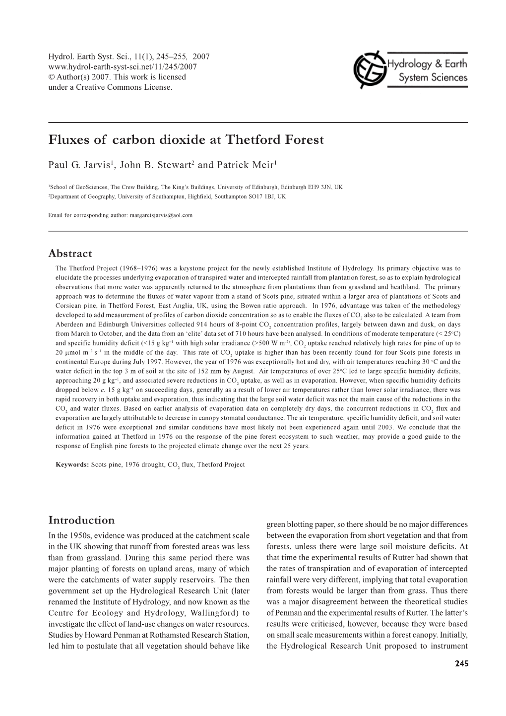 Fluxes of Carbon Dioxide at Thetford Forest © Author(S) 2007