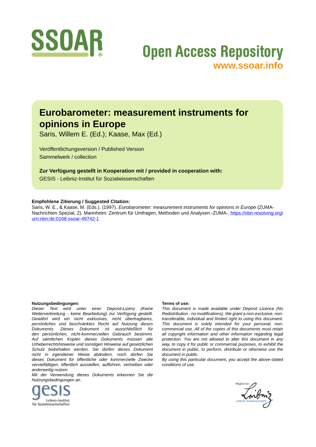 Eurobarometer: Measurement Instruments for Opinions in Europe Saris, Willem E