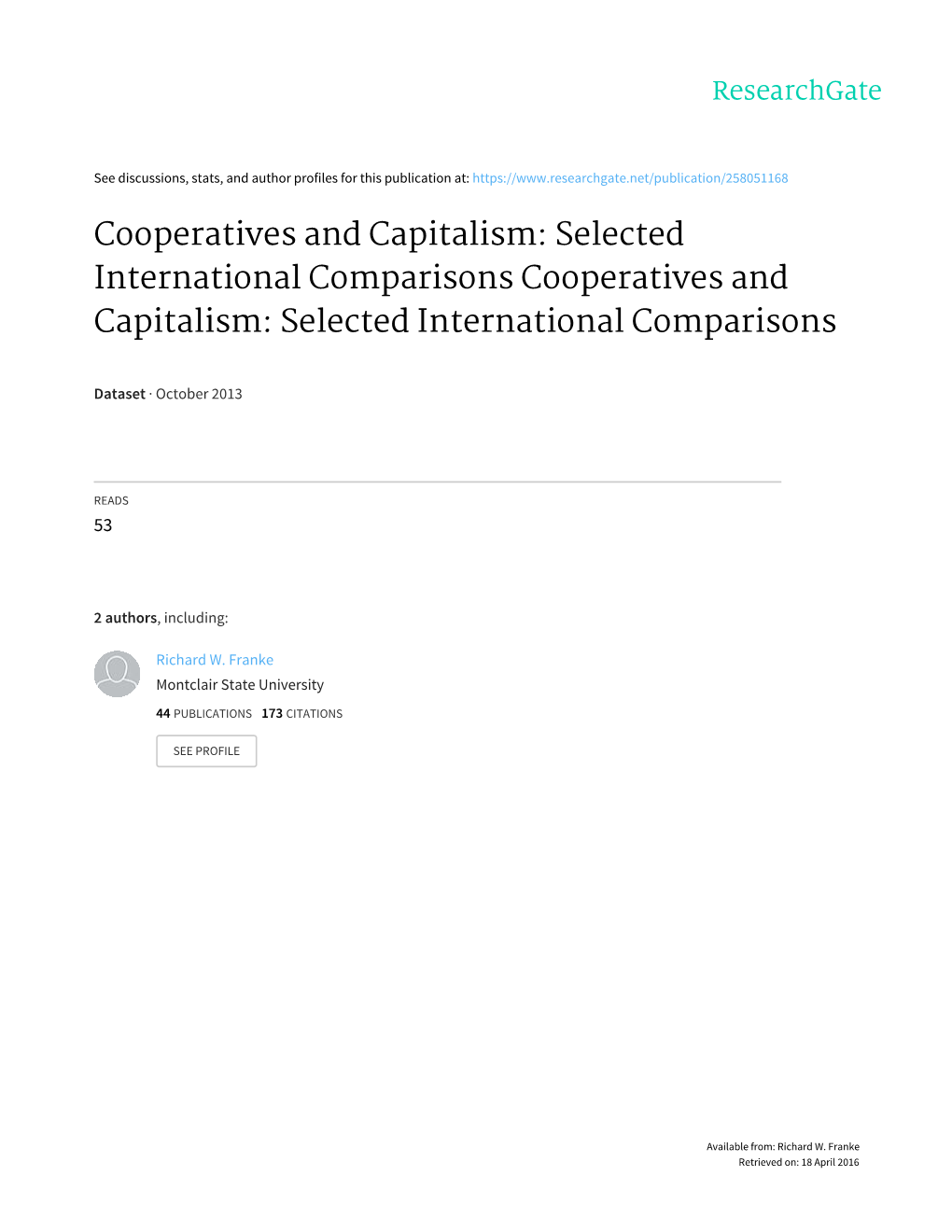 Cooperatives and Capitalism: Selected International Comparisons Cooperatives and Capitalism: Selected International Comparisons