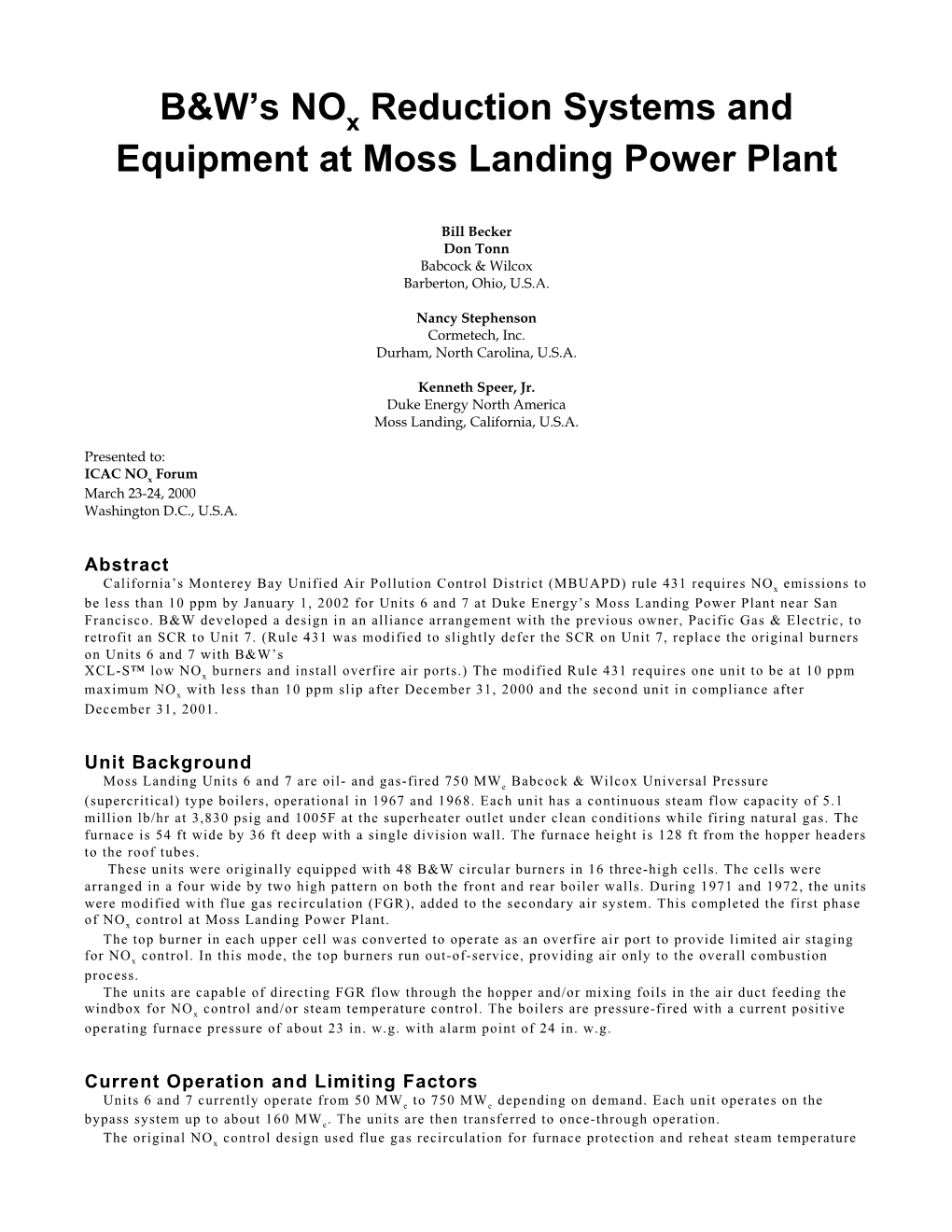 B&W's Nox Reduction Systems and Equipment at Moss Landing Power