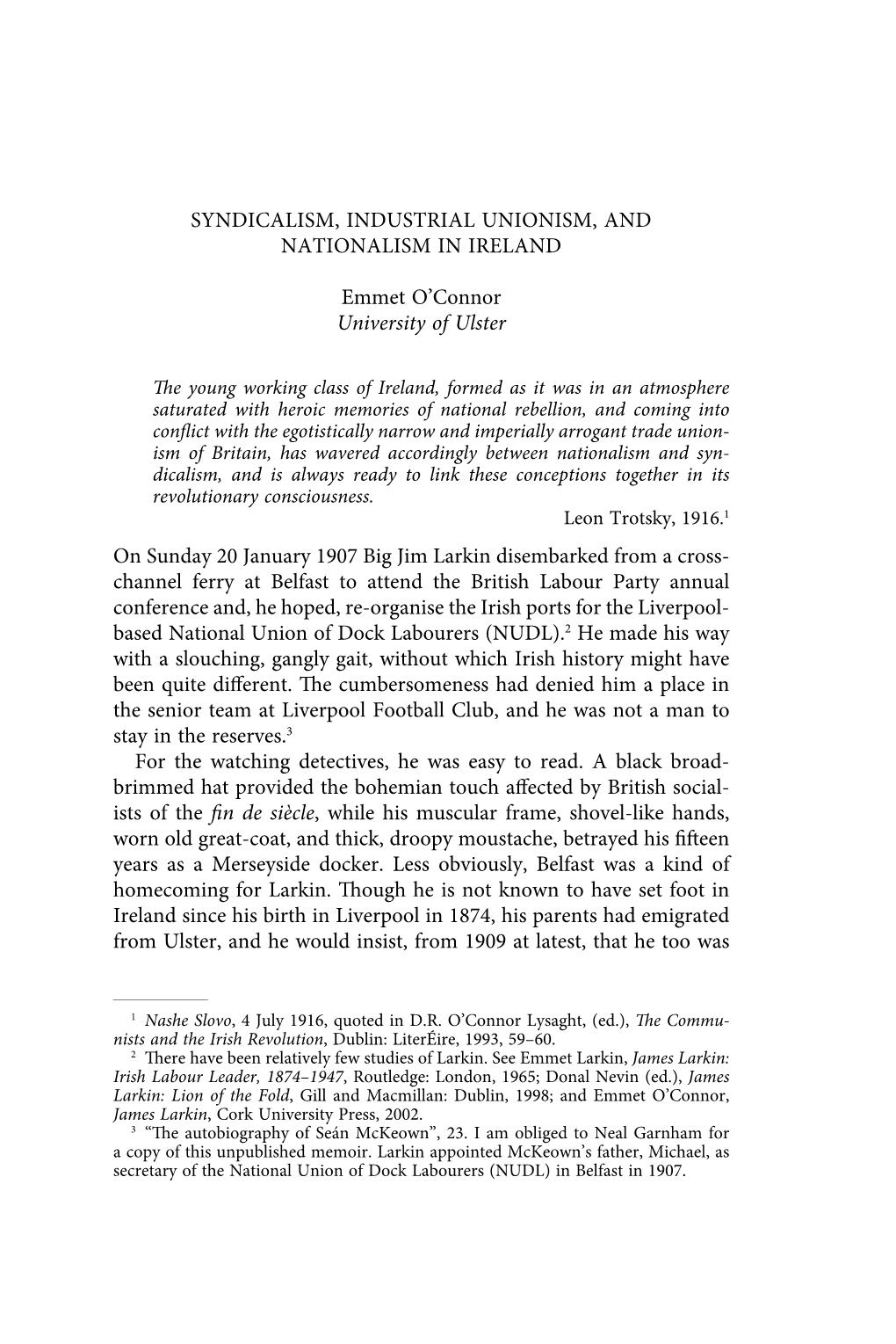 Syndicalism, Industrial Unionism, and Nationalism in Ireland