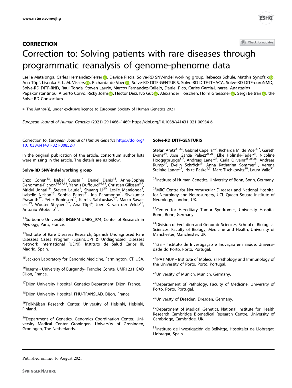 Correction To: Solving Patients with Rare Diseases Through Programmatic Reanalysis of Genome-Phenome Data