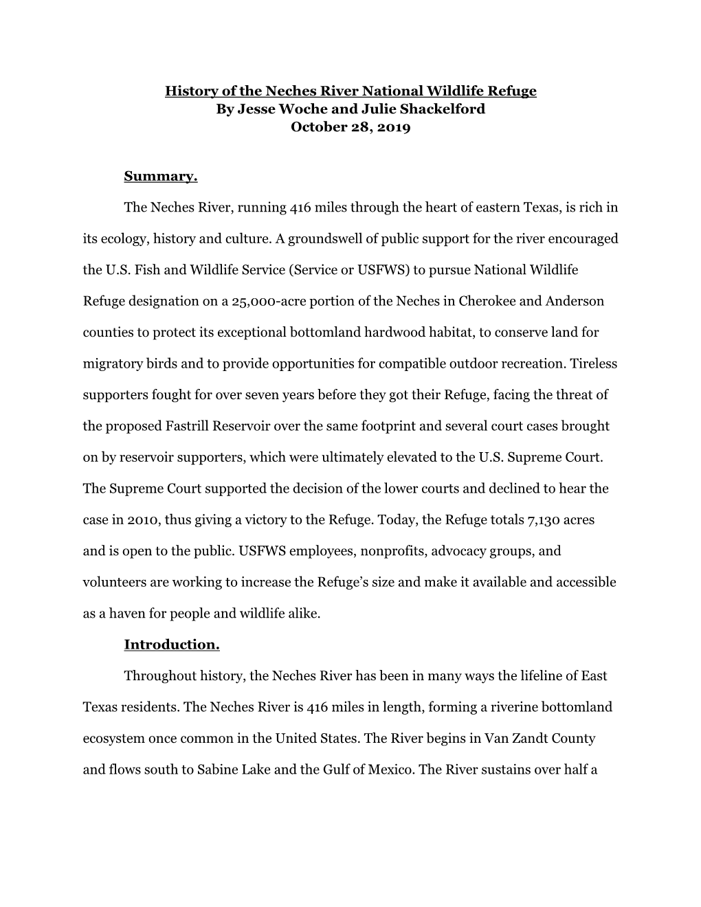 History of the Neches River National Wildlife Refuge by Jesse Woche and Julie Shackelford October 28, 2019