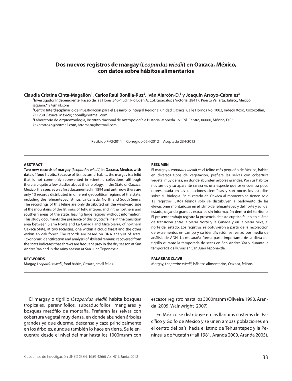 Leopardus Wiedii) En Oaxaca, México, Con Datos Sobre Hábitos Alimentarios